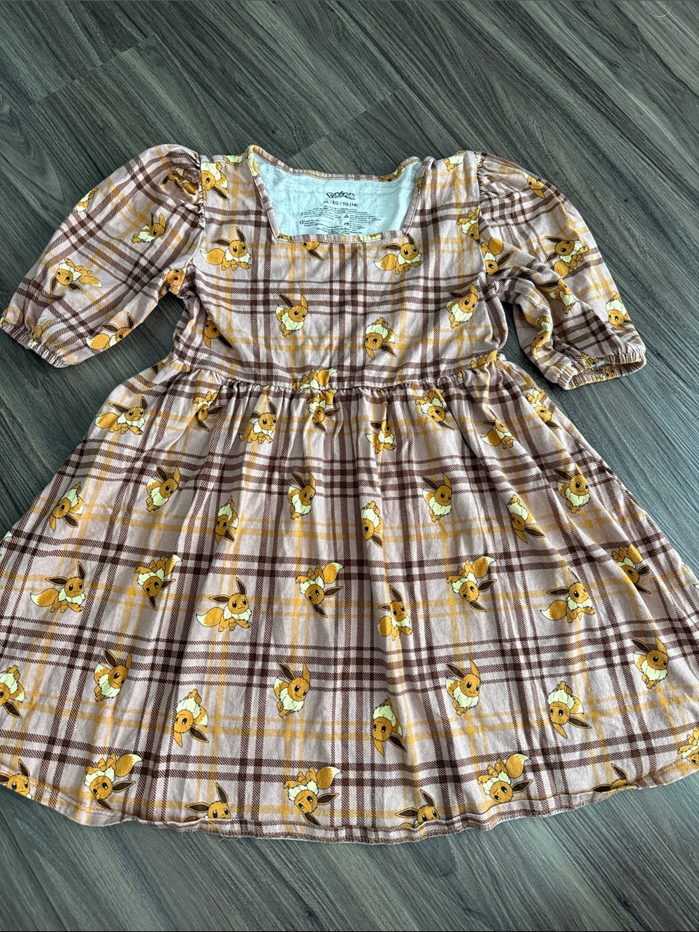Girls' Pink and Brown Plaid Pokemon Eevee Print Dress Size 14 or XL